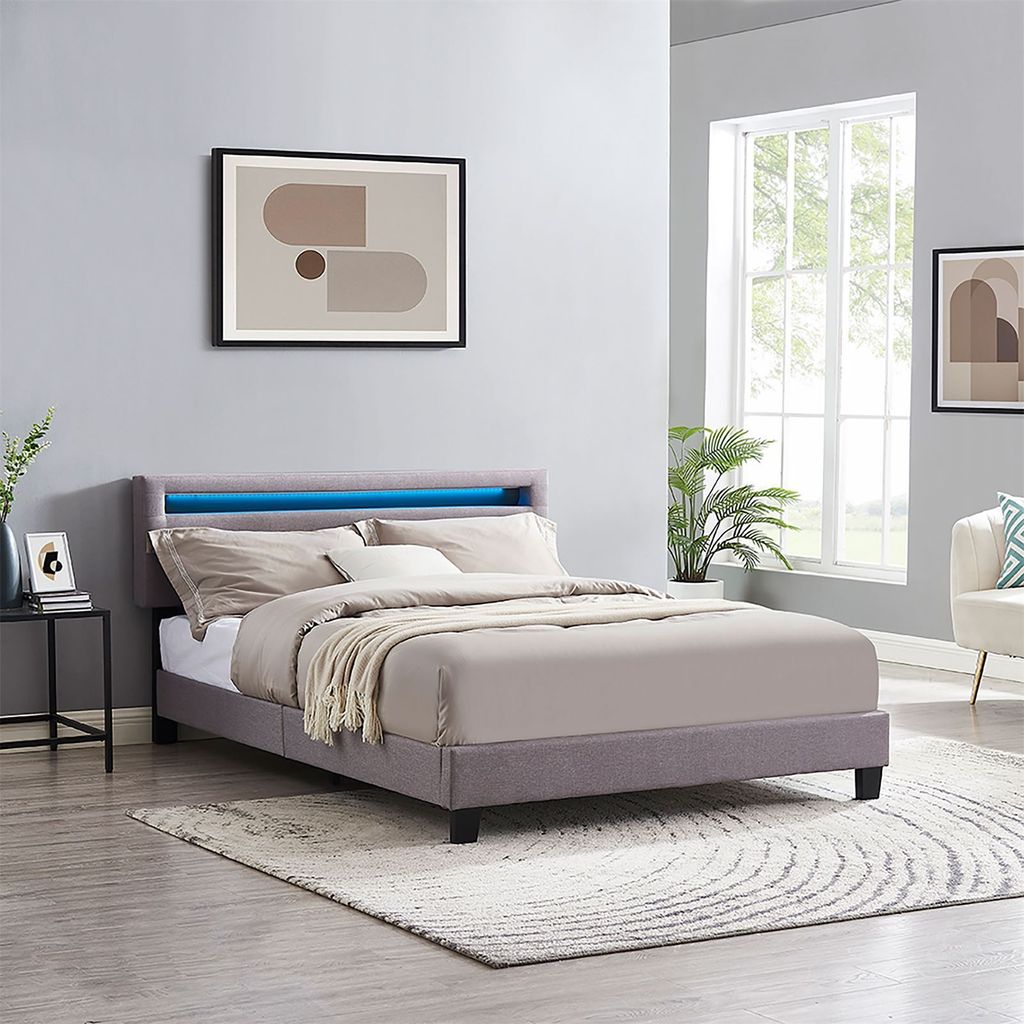 Polsterbett LEXINGTON 140x200 cm mit LED Beleuchtung, Bett Stoff Bezug, Einzelbett im skandinavischen Stil, bequemes gepolstertes Bett, Jugendbett ...