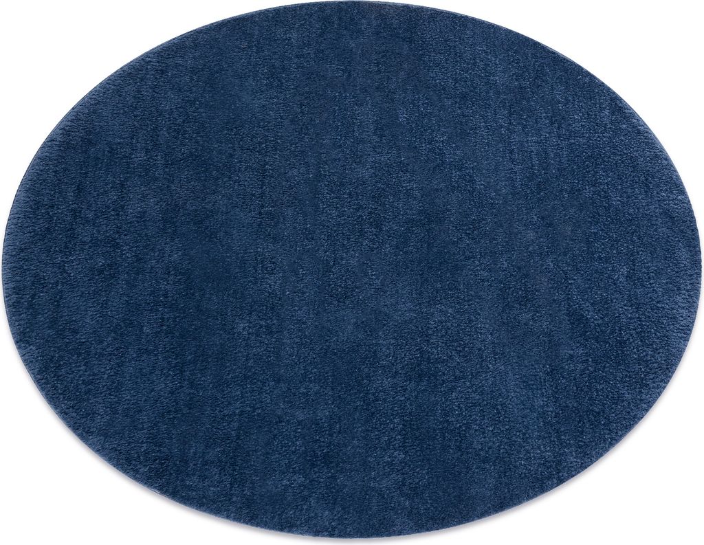 A round, dark blue rug is shown from a top-down perspective on a white background.