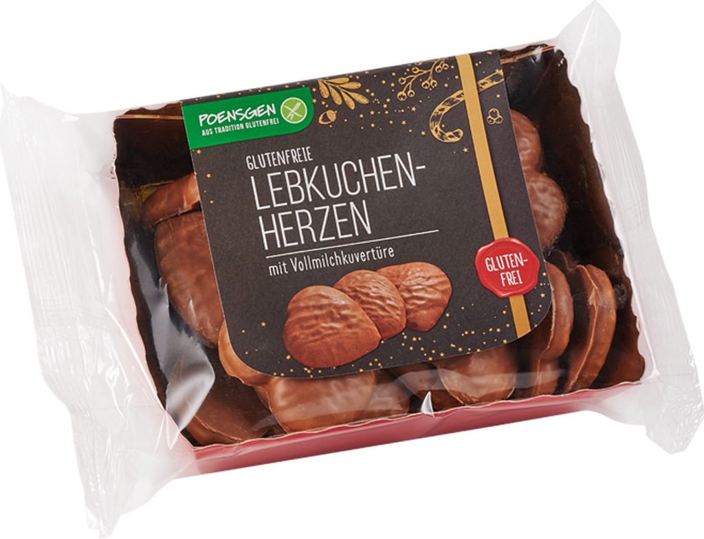 A package of gluten-free gingerbread hearts covered in milk chocolate.