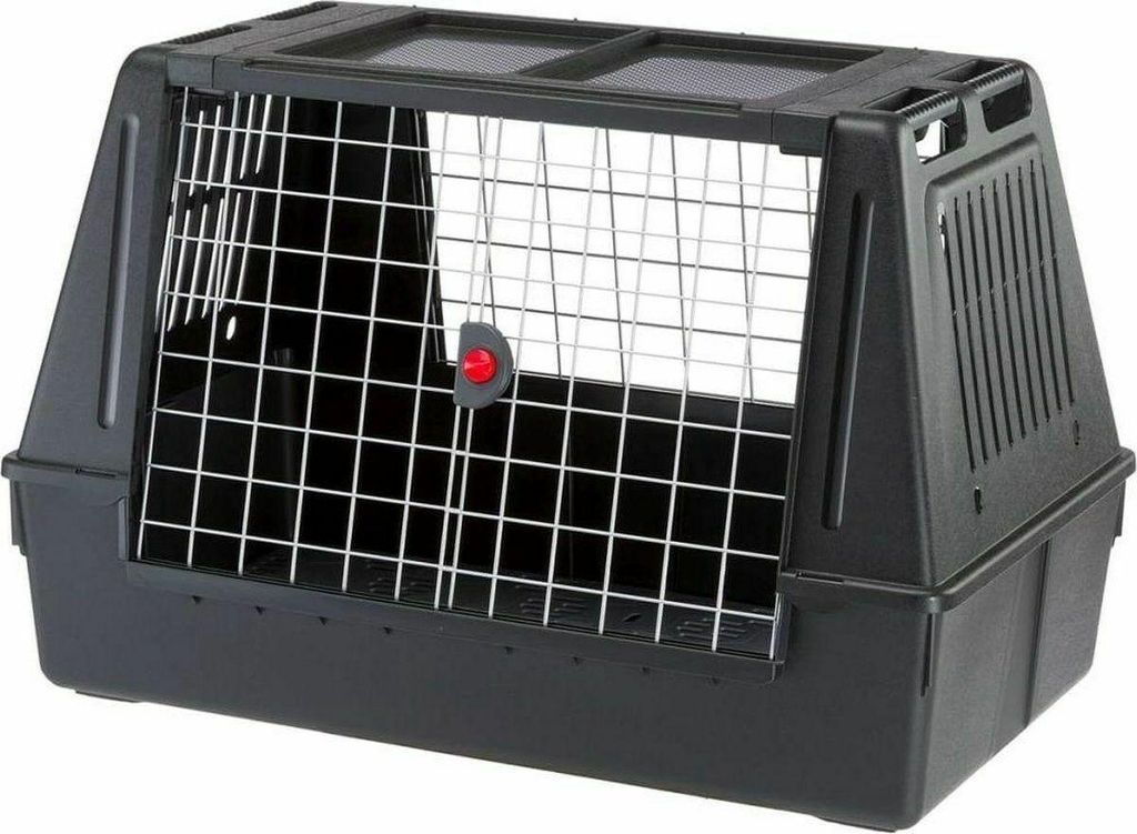 A black plastic pet carrier with a silver metal wire door.
