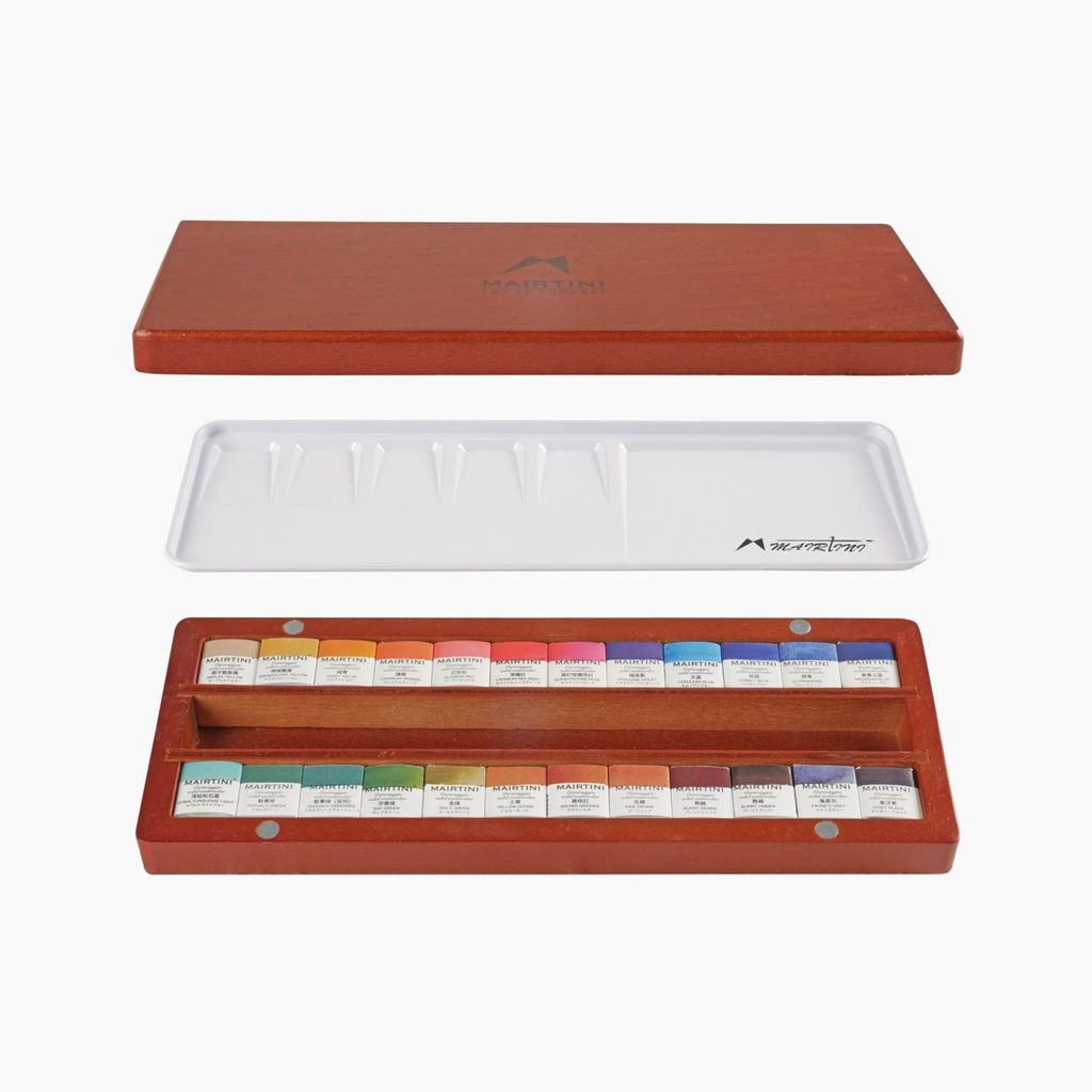 Mairtini Caravaggio Professionelles Aquarellfarben Set – 24 Farben in halben Näpfchen in edler Holzbox mit Mischpalette