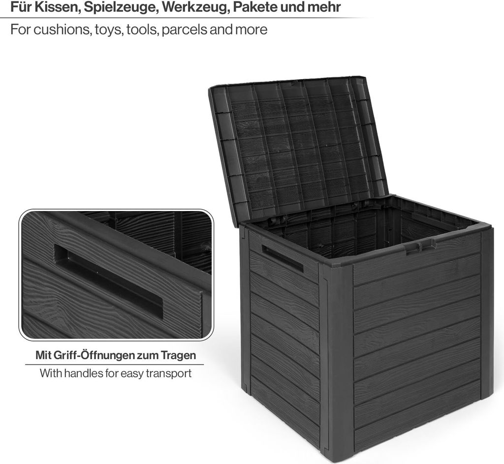 Kreher Kissenbox 280 Liter Anthrazit – Aufbewahrungsbox Mit Holzoptik, Wetterfest, Werkzeugloser Aufbau