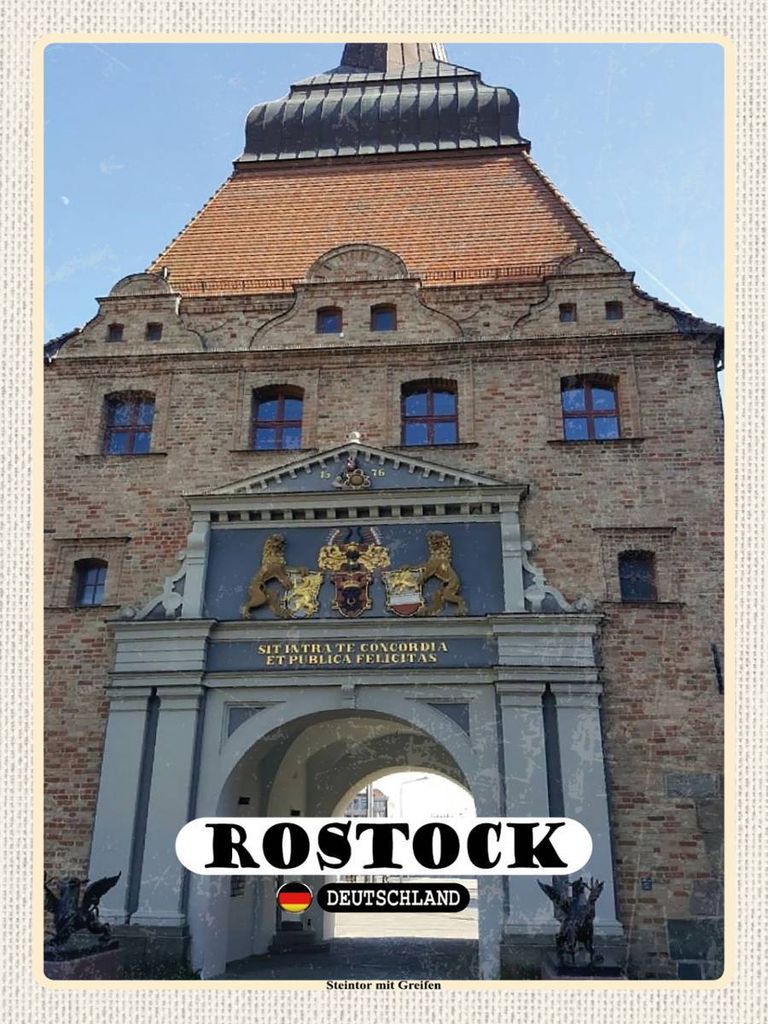 vianmo Holzschild 40x30 cm Rostock Steintor mit Greifen Bildmotiv Reisemotiv Abenteuer Reisen