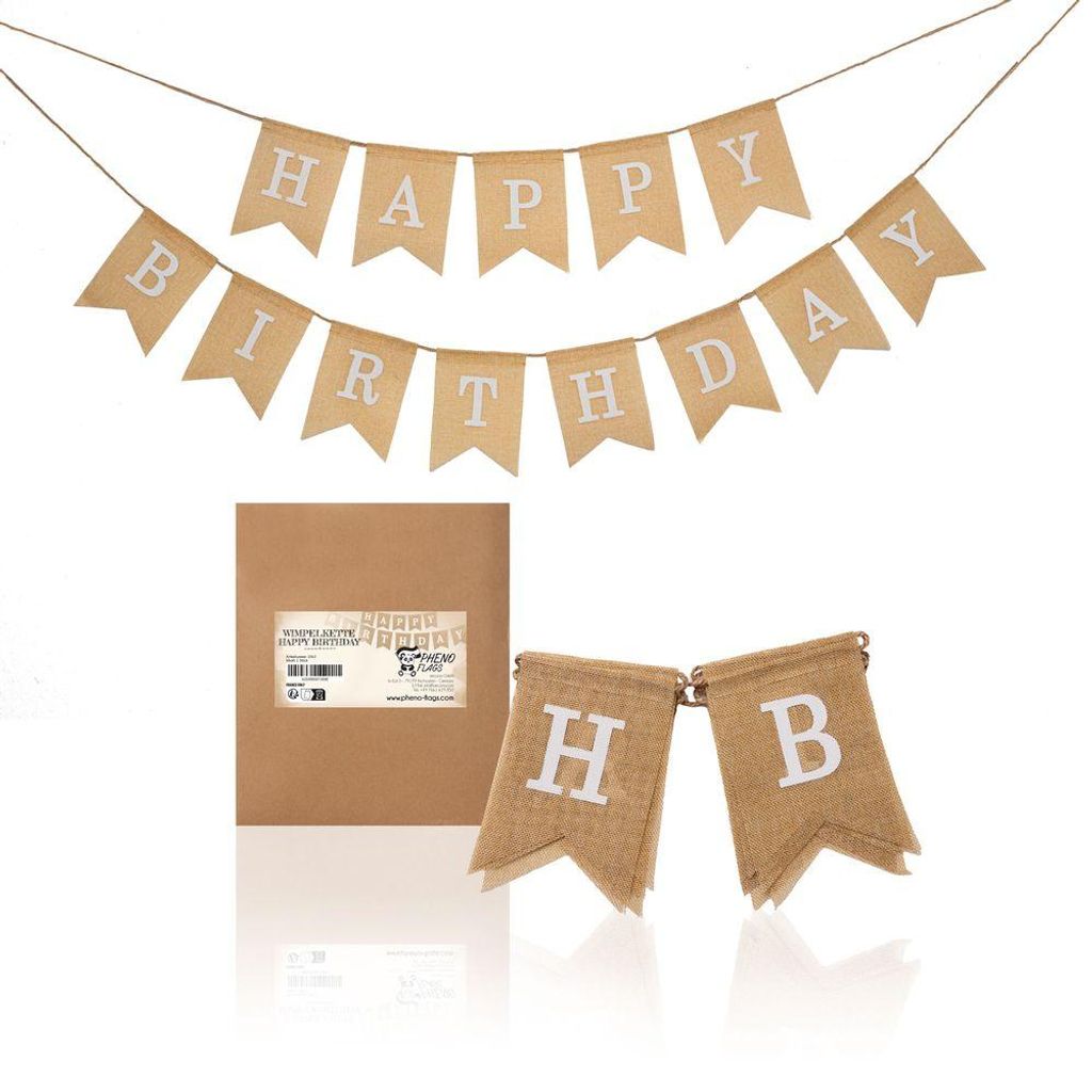 PHENO FLAGS Happy Birthday Stoff-Wimpelketten (2m und 2,5m) Produktbild 
