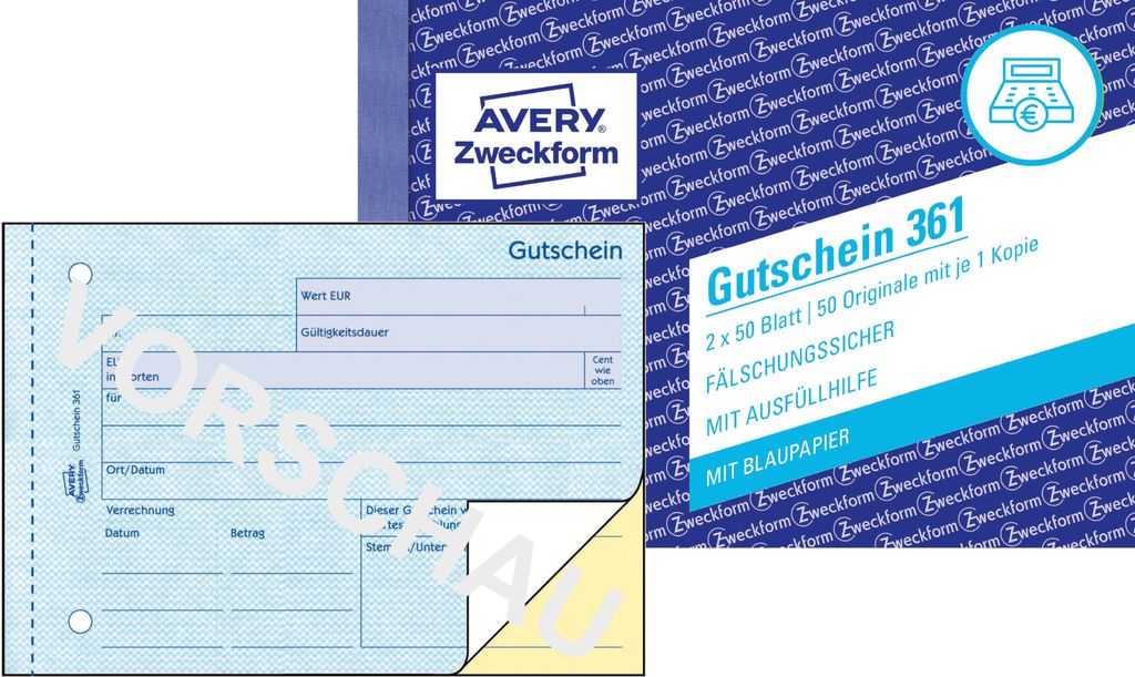 Avery Zweckform 361, Gutschein, A6 quer, mit Blaupapier, 2x50 Blatt
