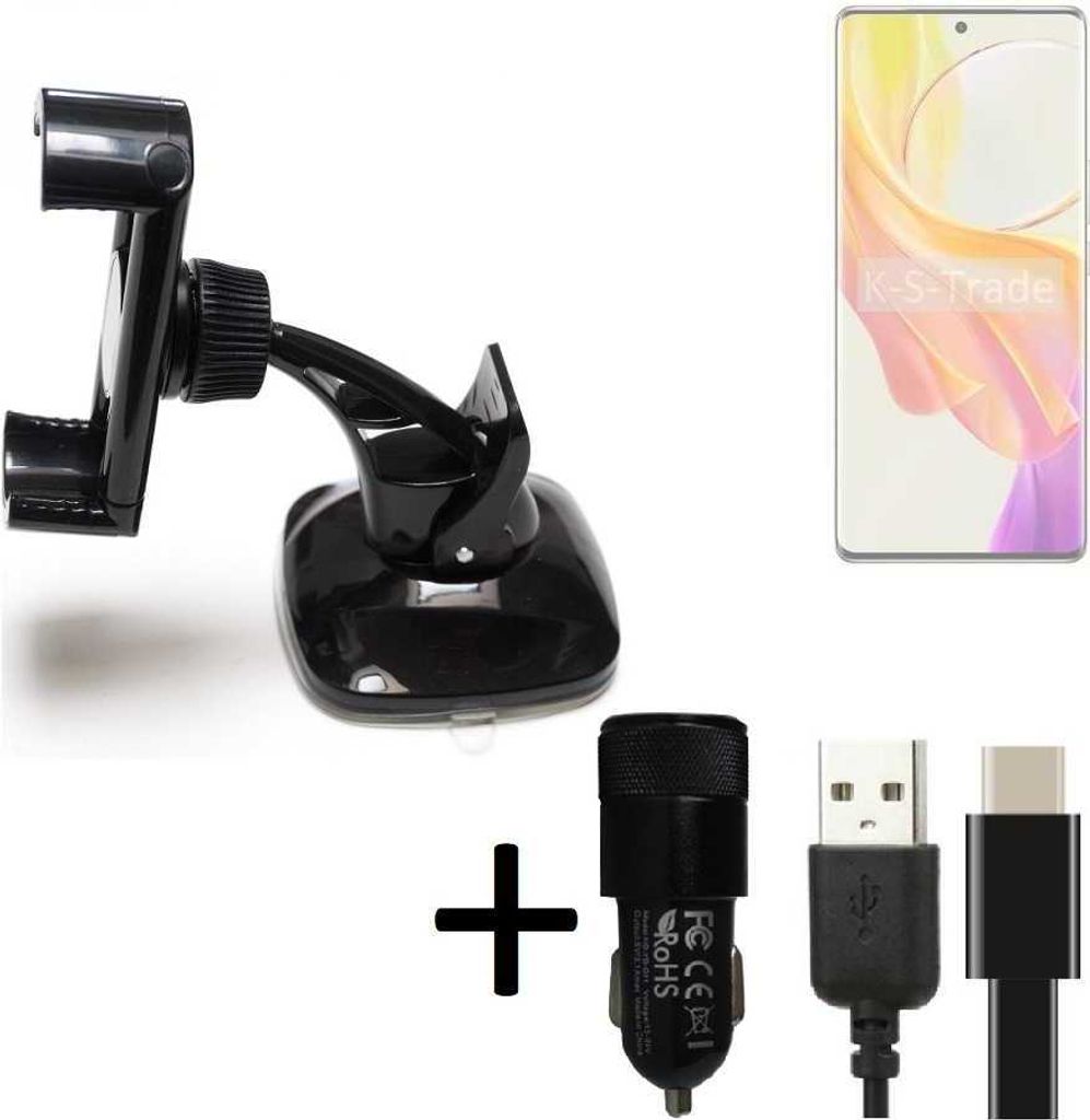 K-S-Trade Handy-Halterung kompatibel mit Vivo V29 Lite 5G Windschutzscheibe / Armaturenbrett + LADEGERÄT mit Mico USB Kabel Autohalterung