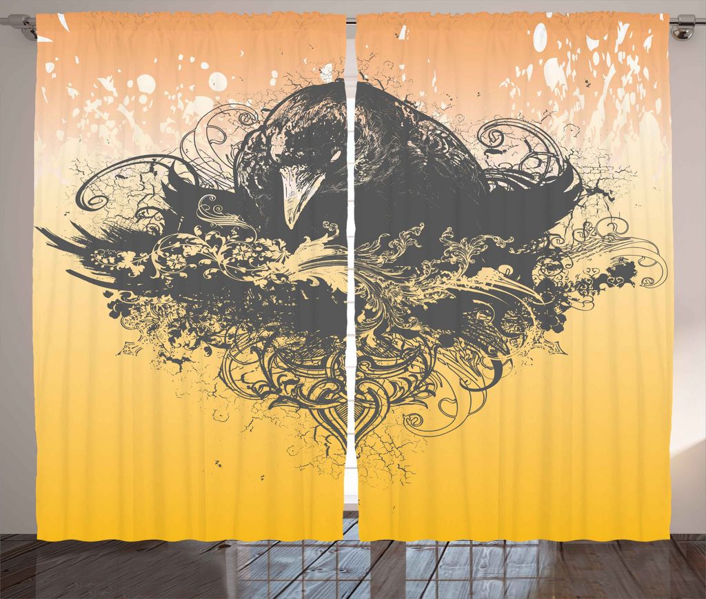 ABAKUHAUS Schwarz Rustikaler Vorhang, Böse Krähe und Blumen, Wohnzimmer Universalband Gardinen mit Schlaufen und Haken, 280 x 225 cm, Senf und Sc...