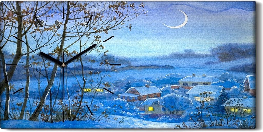 Küche Wohnzimmer Wand Leinwand Uhr 60x30 Kunst Winter Aquarell Haus Baum Schnee - schwarze Hände