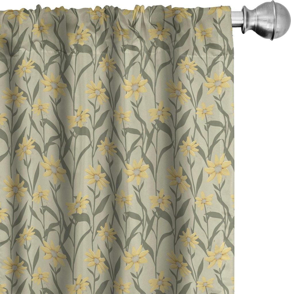 ABAKUHAUS Gelb und Grün Vorhänge, Gardinen, Kamille mit Retro-Design-Inspirationen botanische Anordnung, 2 Stück 75 x 175 cm, Armeegrün Gelb