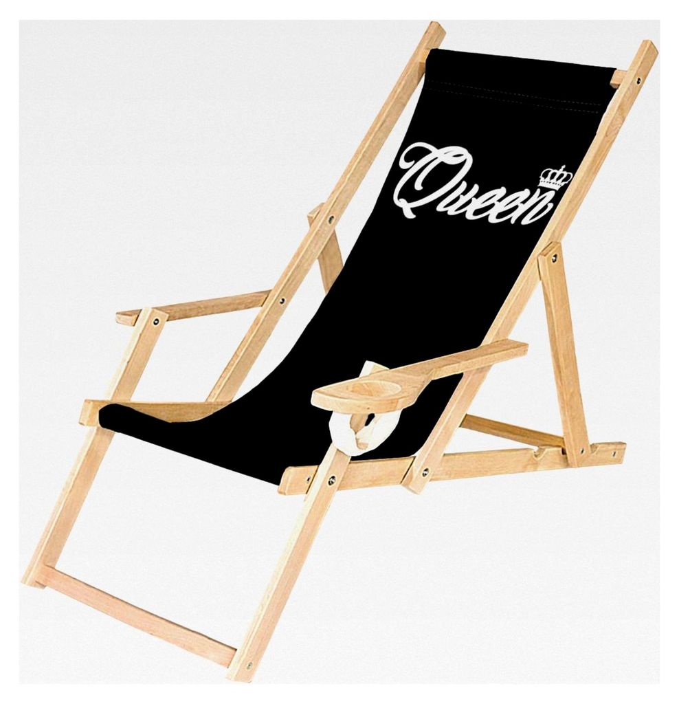 Klappbarer Holz-Liegestuhl mit Armlehne und Getränkehalter Strandstuhl Motiv Schwarz Queen