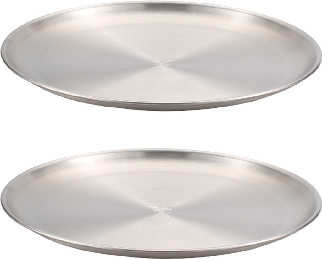 Two round metal plates are shown against a white background.