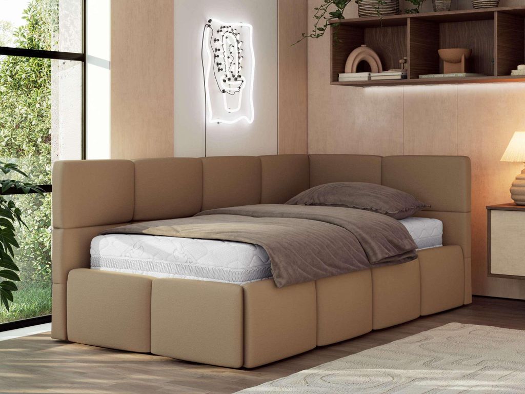 MKS MEBLE Jugendbett 90x200 cm ARVO Polsterbett mit Bettkasten, Mettalrahmen Stauraum & Gasdruckfeder, Multipocket Matratze - Braun Kunstleder - Re...