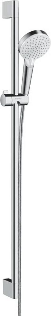 A shower head and rail set against a white background.
