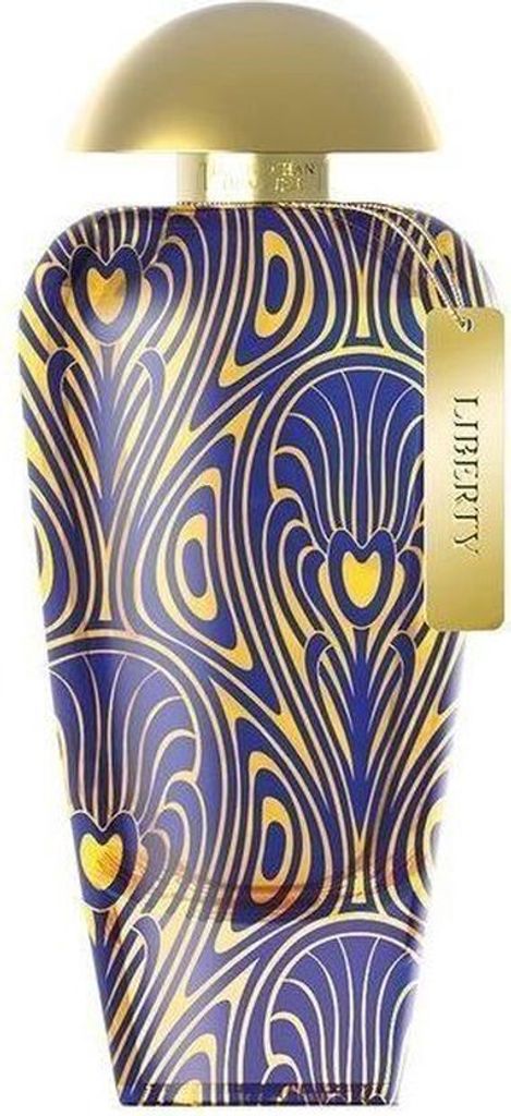 A perfume bottle with a decorative pattern.
