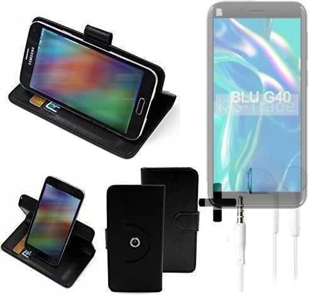 K-S-Trade Handy Hülle Schutz Hülle + Kopfhörer kompatibel mit BLU G40 Handyhülle Flipcase Smartphone Cover Handy Schutz Tasche Walletcase schwarz