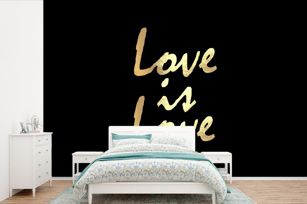 MuchoWow Fototapete für Wohnzimmer oder Schlafzimmer Wandtapete Vinyl Motivtapete Zitat - Liebe - Gold - 360x240 cm - Vinyl-Tapete