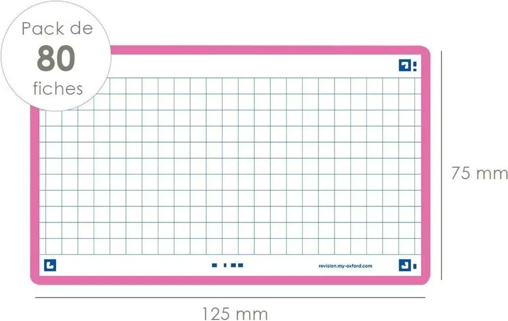 Lot de 80 fiches Flashcards Oxford A7 Blanc Fuchsia Quadrillé 400133859