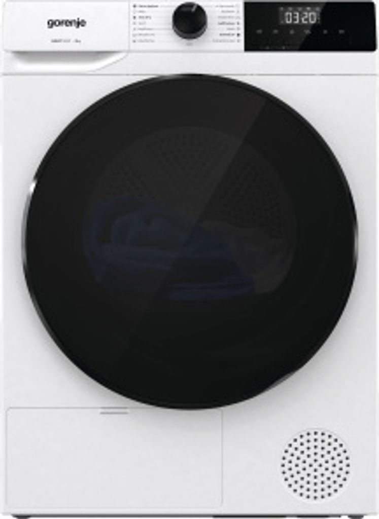 A front view of a white Gorenje dryer with a large black glass door.