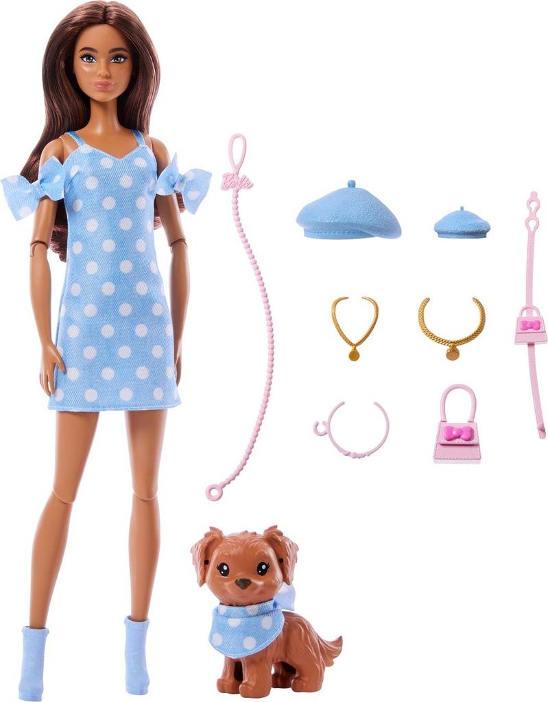 Ensemble Barbie poupée et chien, tenues à pois assorties Image du produit 