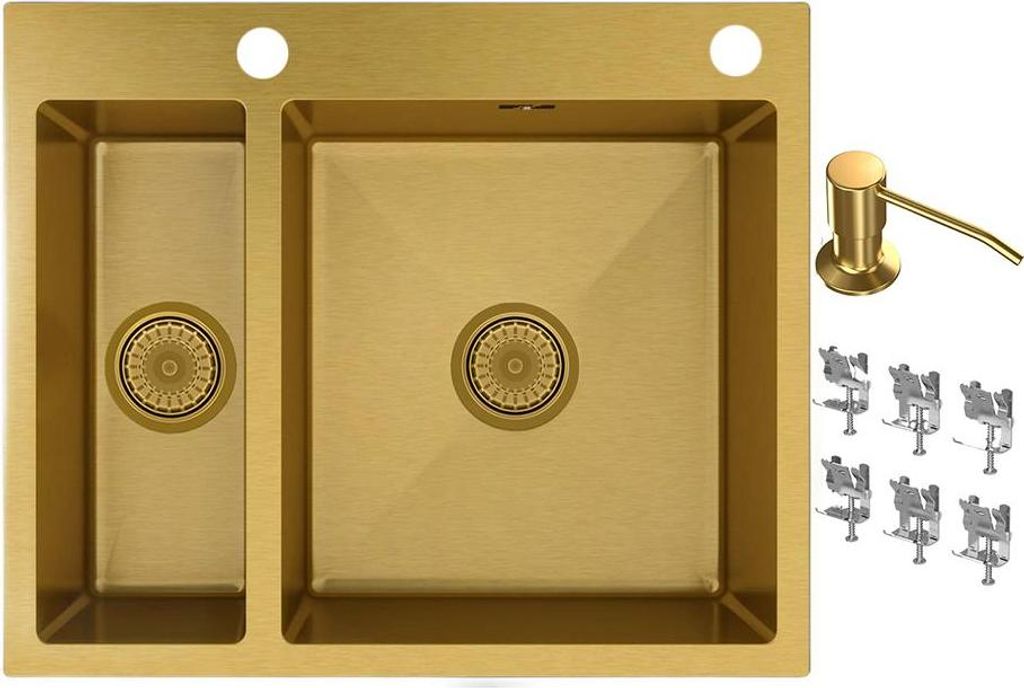 Granitan | Stahlspüle - Spülbecken 2-Kammer - 51x61 cm - Rechteckig - Gold - mit Siphon - mit Zubehörset - Bari