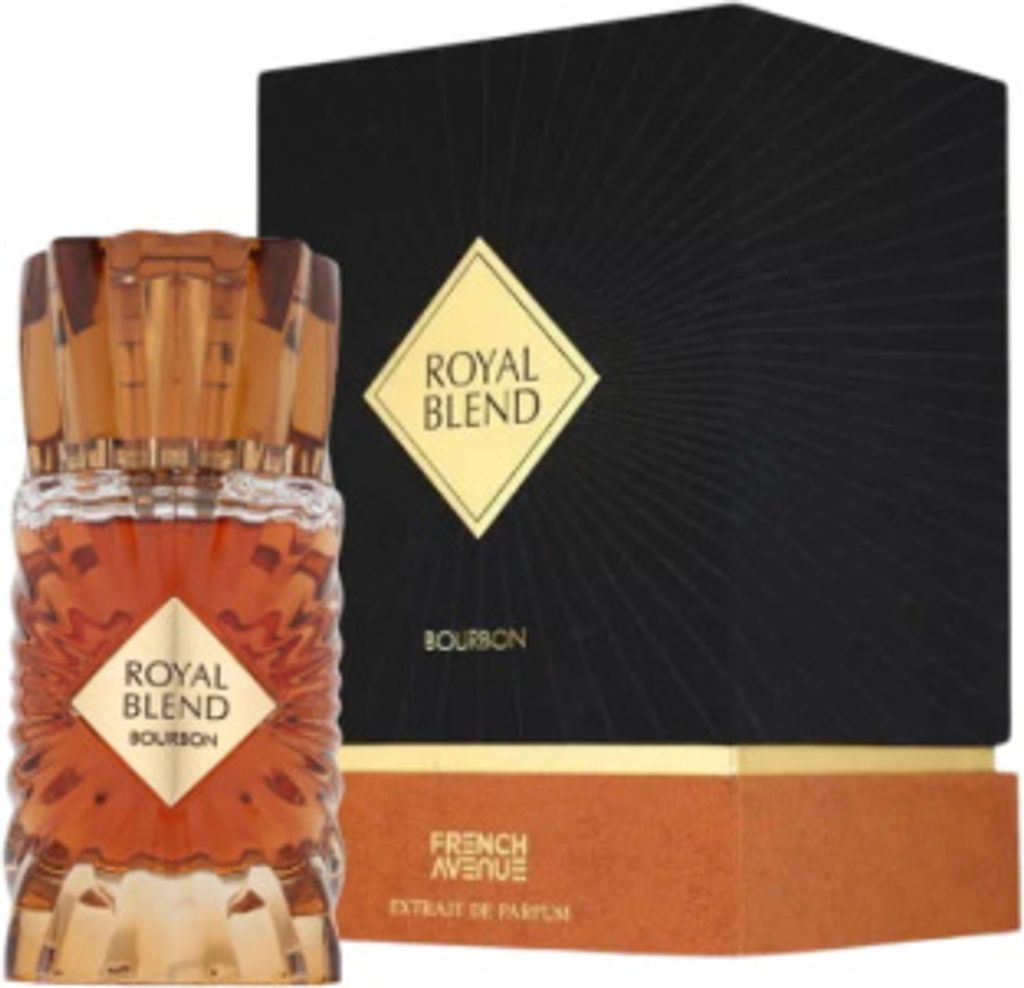 A bottle of French Avenue Royal Blend Bourbon Eau de Parfum and its packaging are displayed against a white background.