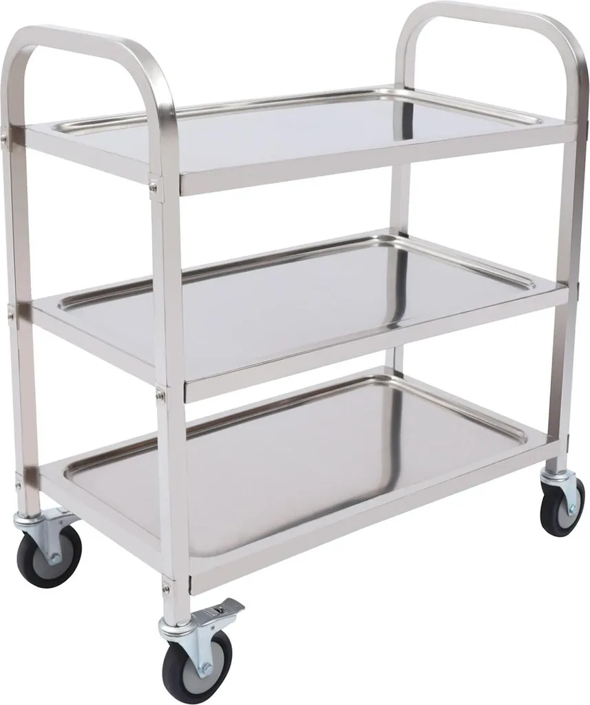 Chariot de stockage en acier inoxydable argenté avec design à 3 niveaux