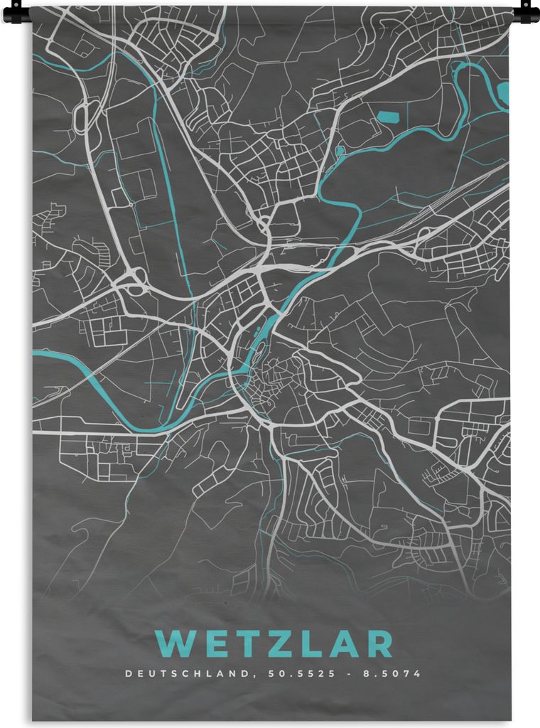 MuchoWow Wandteppich Wandbehang Blau - Deutschland - Karte - Stadtplan - Wetzlar 60x90 cm Tapisserie Dekoration Wandtuch - Foto-Teppich - Abwaschbar