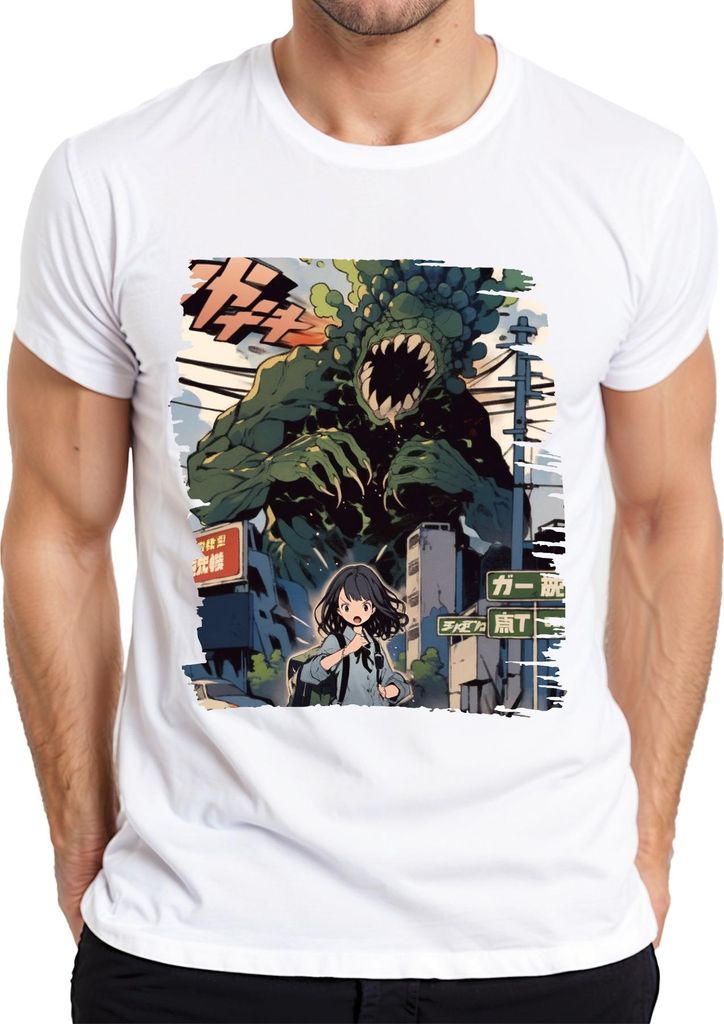 Kaiju Angriff Schulmädchen Monster Apokalypse Stadt Anime Manga Herren T-Shirt, Weiß, S