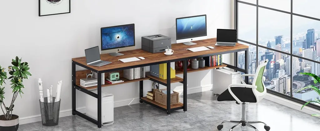 Bureau double 200 cm : gagnez de la place avec rangement acajou brun - 7