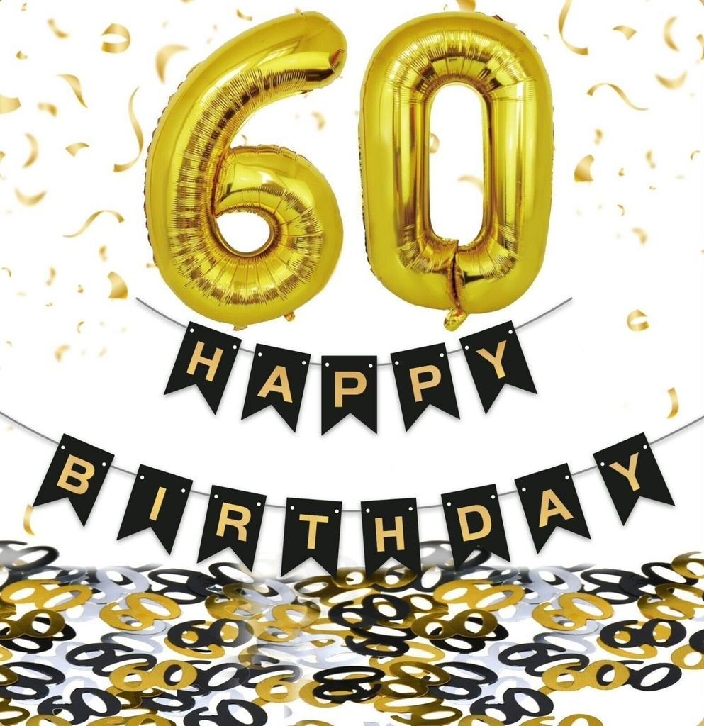 Aufblasbares Partyzubehör 60 Geburtstag Deko-Set, Folienballons + Schwarz Gold Konfetti