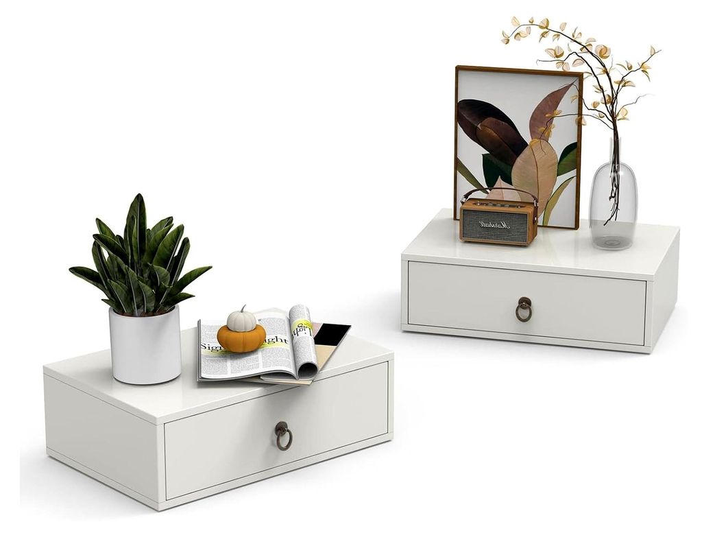 2er Set hängender Nachttisch, Wandregal mit Schublade, Wandmontage, 46 x 30 x 14,5 cm, Weiß