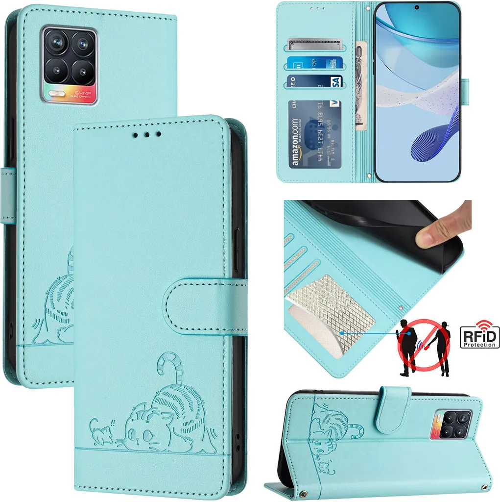 Custodia Realme 8 Pro Gatto - Cover Verde Chiaro Pelle Elegante