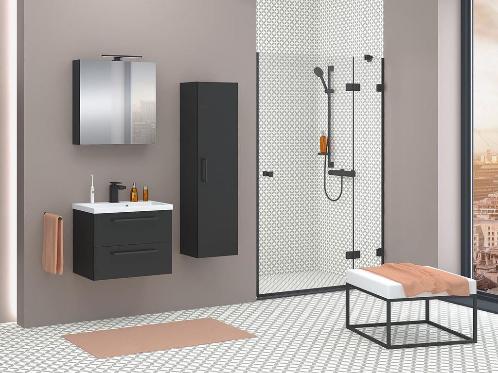 MONTIERT Badmöbel Set mit Waschbecken Keramik NICOLE 60cm SCHWARZ LED SOFTCLOSE Waschtisch Spiegelschrank 1 x Hochschrank
