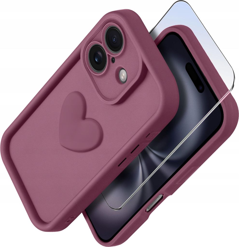 Silikonhülle für iPhone 16 Plus MATT Herz + 9H Displayschutzglas