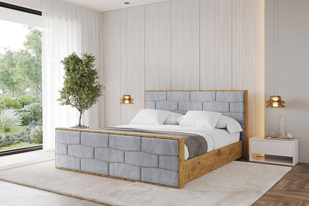 ALTDECOR Polsterbett mit Bettkasten - ENZO8-Z - 200x200 Hellgrau- Bett mit Matratze H3/H4, Kopfteil und Fußteil, Boxbett, Doppelbett mit Stauraum