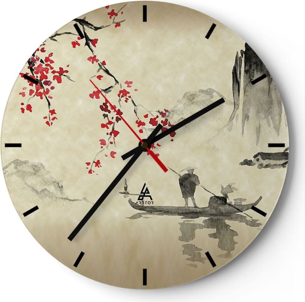 Wanduhr - Rund - Glasuhr - Blume Kirschen Japan - 40x40cm - Schleichendes Uhrwerk - Lautlos - zum Aufhängen bereit - Dekoration Modern - Wanddekor...