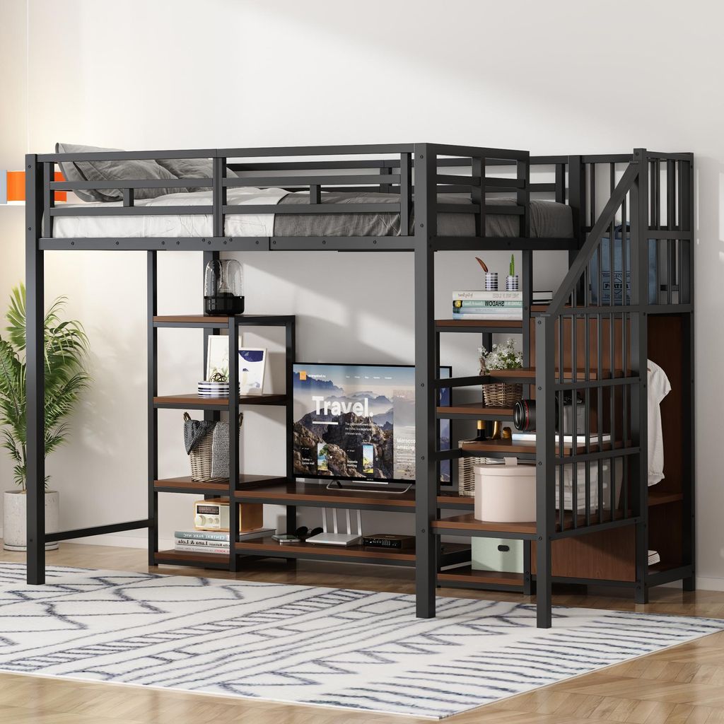 Flieks Etagenbett Metallbett 90x200cm mit TV-Ständer und Regal, Jugendbett Einzelbett mit Steckdose, Hochbett Kinderbett mit Lattenrost, Schwarz