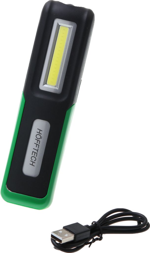 A black and green Höfftech LED work light with a USB charging cable.