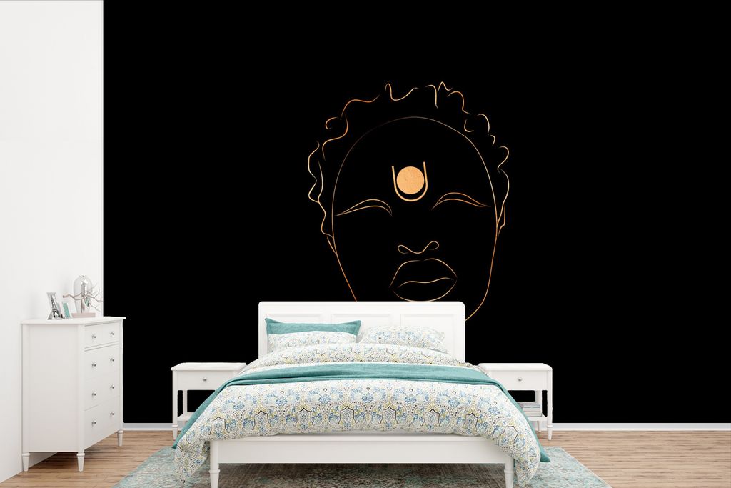 MuchoWow Fototapete für Wohnzimmer oder Schlafzimmer Wandtapete Vinyl Motivtapete Frau - Strichzeichnung - Gold - Schwarz - 390x260 cm - Papiert...