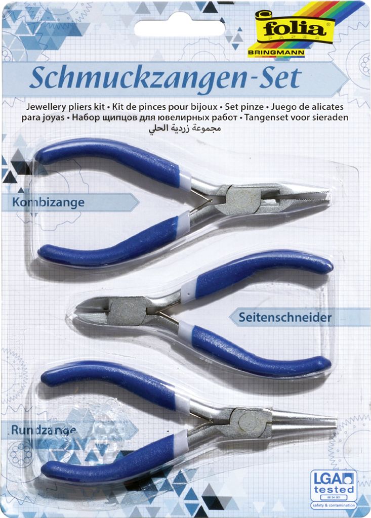 A retail package containing a set of three jewelry pliers.