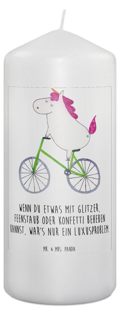 Mr. & Mrs. Panda Stumpenkerze Einhorn Radfahrer 19 x 8 cm - Weiß - Geschenk, Konfetti, Kerze, Rad, Erinnerungskerze, Blockkerze, Bike, Erinnerungs...