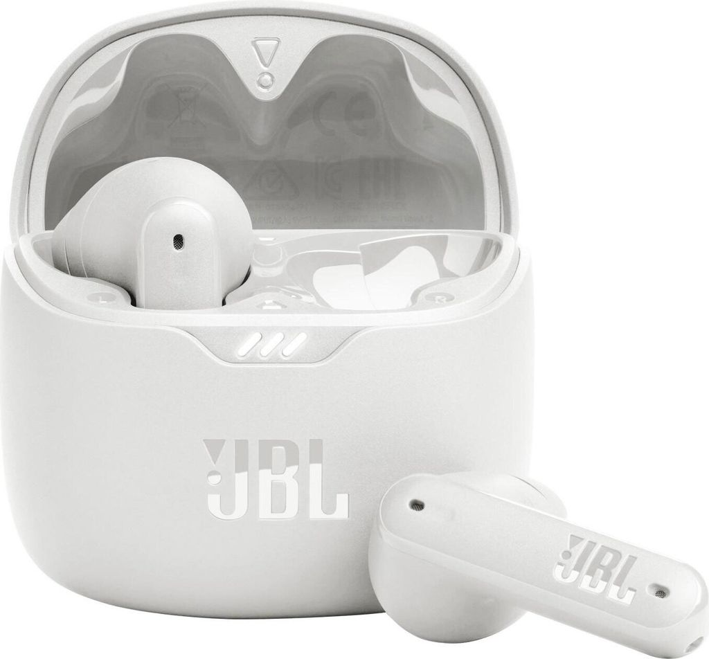 A pair of white JBL Tune Flex True Wireless Stereo earbuds are shown in their charging case, with one earbud outside the case.