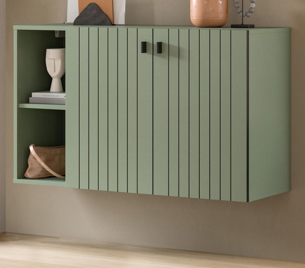 Flurkommode "Loreno" in Grün mit Rillen, Schuhschrank hängend 106 x 63 cm