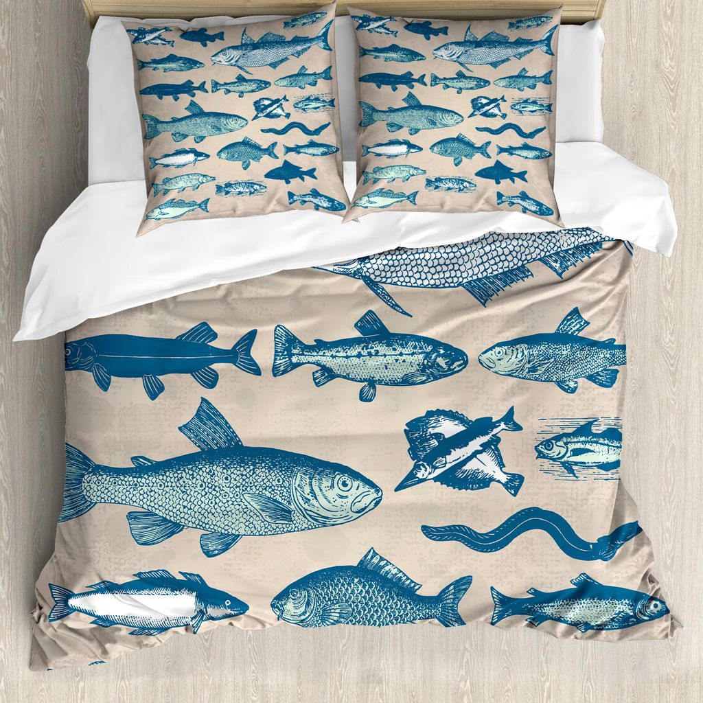 ABAKUHAUS Fisch Bettbezug Set, Grunge Stil Maritim Nautisch Meeresfrüchte Thema Effekt Illustration Muster, 155 x 220 cm + 80 x 80 cm, Beige Mehrf...