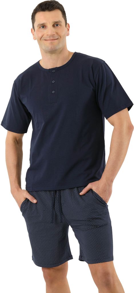 ALBERT KREUZ Herren Schlafanzug Kurzarm mit kurzen Hosen Stretch-Baumwolle, Marine gemustert, 09/3XL