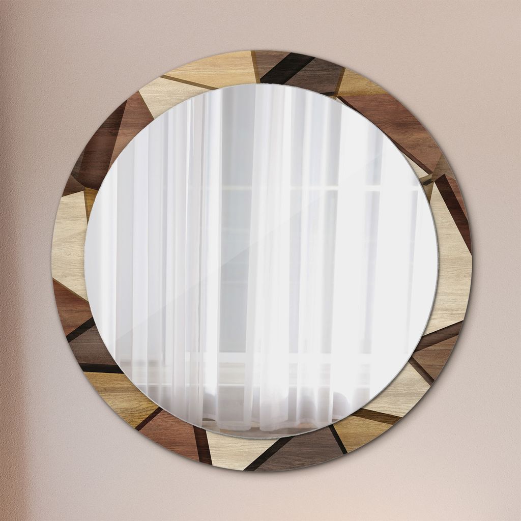 Ø90cm Spiegel - Glasrahmen mit Aufdruck - Wandspiegel Schlafzimmer - Geometrisch Holz 3d