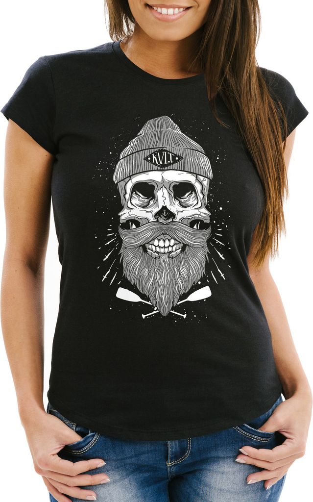 Damen T-Shirt Captain Skull Beard Totenkopf Bart Kapitän Slim Fit Neverless schwarz XS