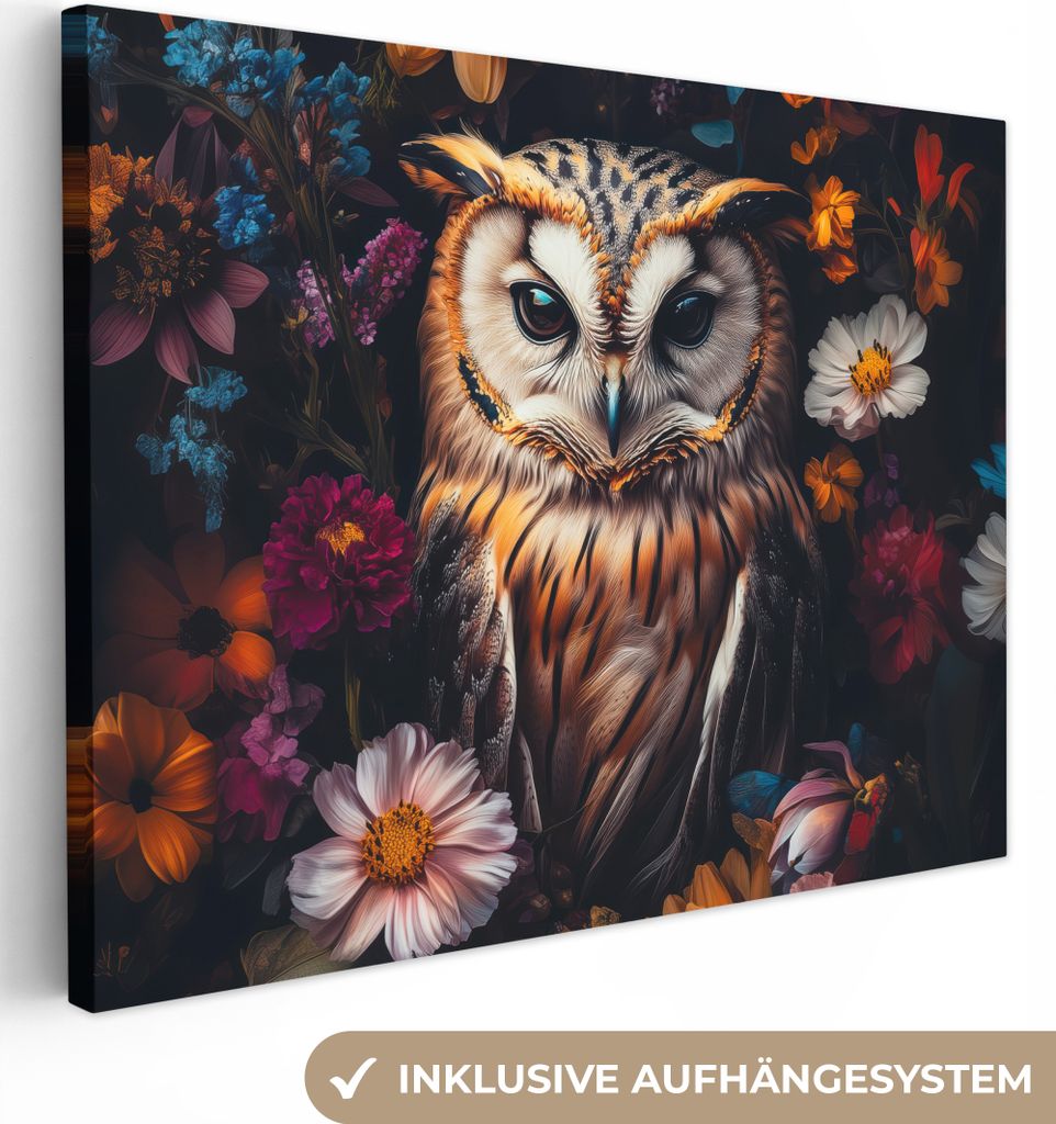 Leinwandbilder 80x60 cm - Tiere, Blumen - Eule - Natur, Bilder Wohnzimmer Modern, Wanddeko