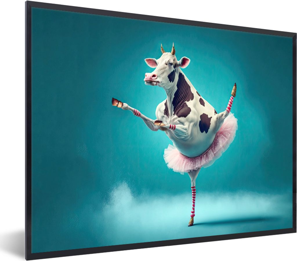 MuchoWow Gerahmtes Poster Kuh - Ballett - Porträt - Blau - Tiere 80x60 cm - Poster mit Schwarzem Bilderrahmen Wandposter Rahmen Foto Bilder - Sc...