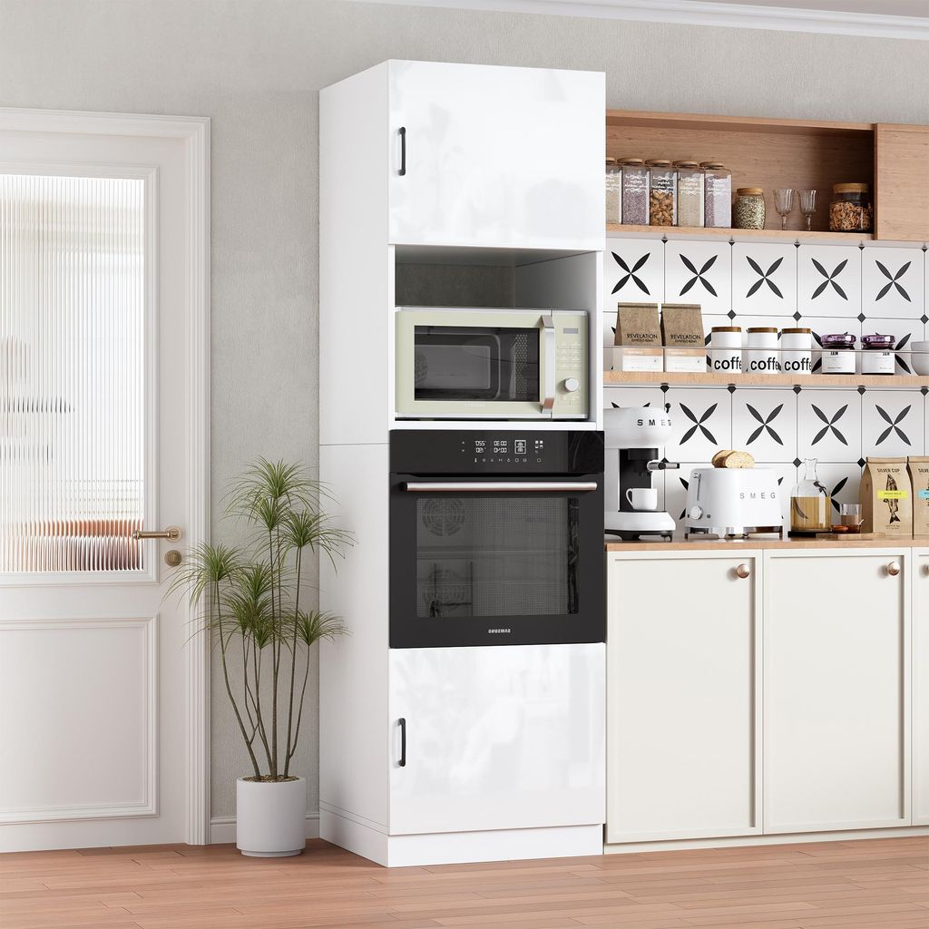 TWSOUL Mikrowellenumbauschrank mit Backofenfach, platzsparender Hochschrank 60x57,2x207 cm Küchenbuffet mit viel Stauraum, kippsicher & funktional,B